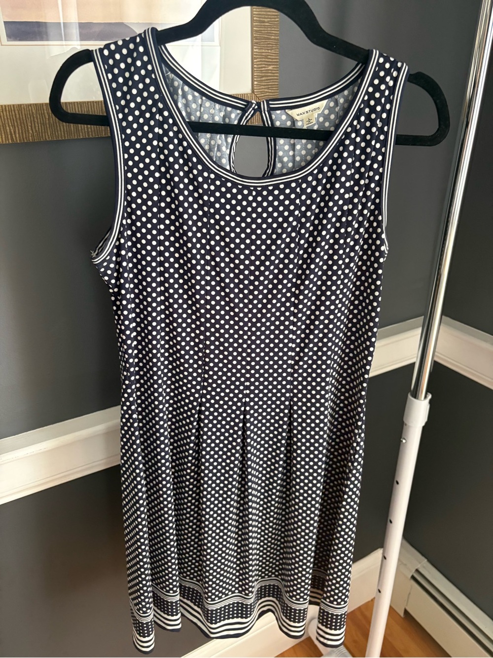 Vintage Max Studio Navy White Polka Dot Sleeveless Fit & Flare Dress Size Large